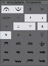 The articulation palette has duplicate fermata, staccatissimo, portato, and marcato symbols. Each pair has a version for above the staff and a vertically flipped version for below the staff