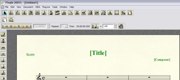 By default Finale has three toolbars across the top, one of which contains only two items. A fourth toolbar for note-entry runs along the left edge of the screen.