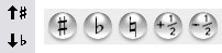 Left toolbar: sharp and flat icons. Right toolbar: sharp, flat, natural, raise by half-step, lower by half-step icons.