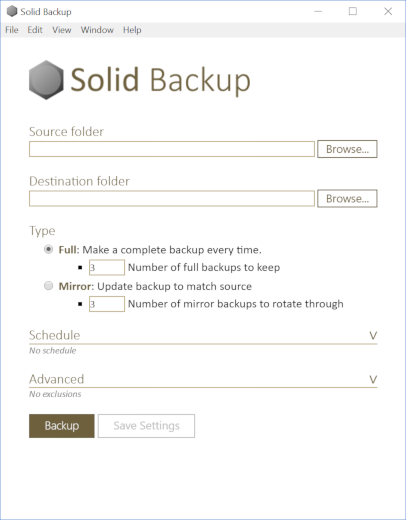 Solid Backup offers Full and Mirror type backups with scheduling and folder exclusions